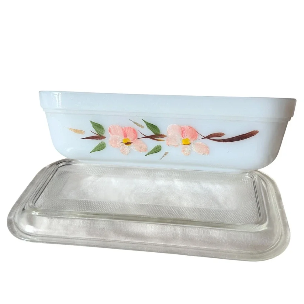 Vintage Fire-King Peach Blossom Milk Glass Refrigerator Dish with Clear Lid!